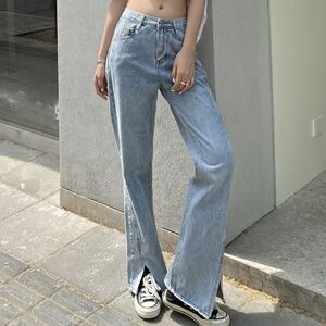 GRL Front Slit High-waisted Denim Pants